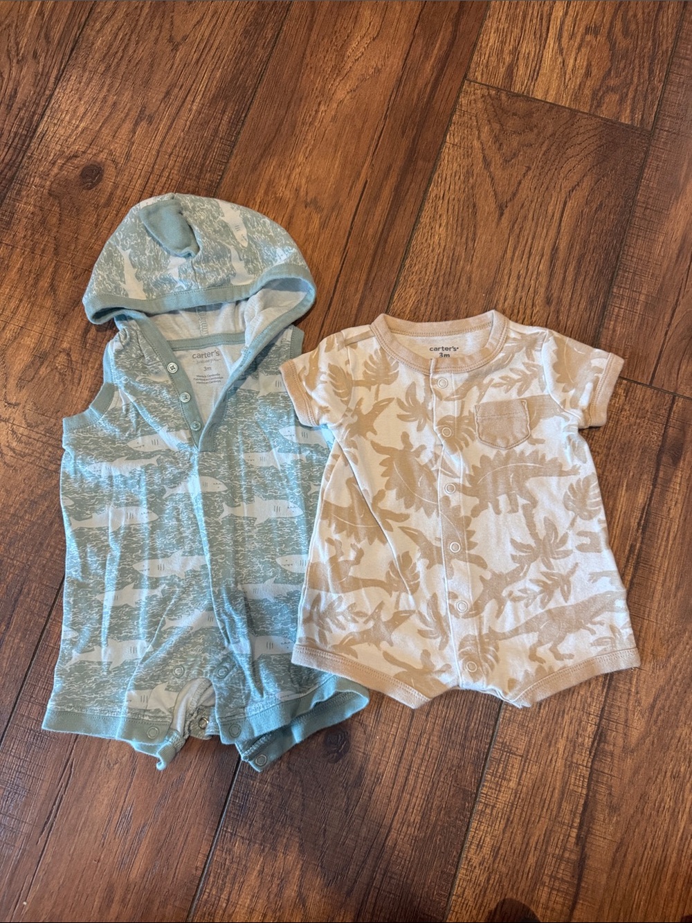 Carter's Blue Hooded Romper & Cream Leaf Print Romper Set